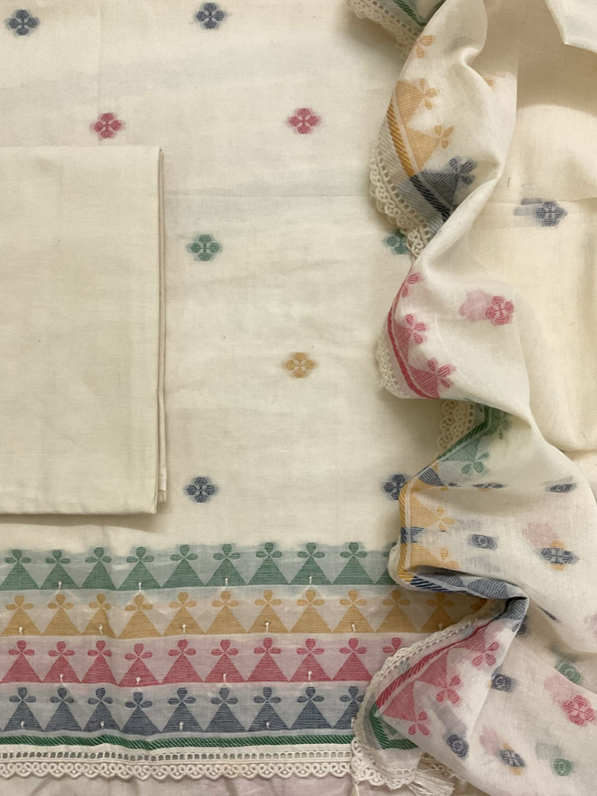 Pure Fine Cotton Jamdani Weaved Embroidered Suit - Cream