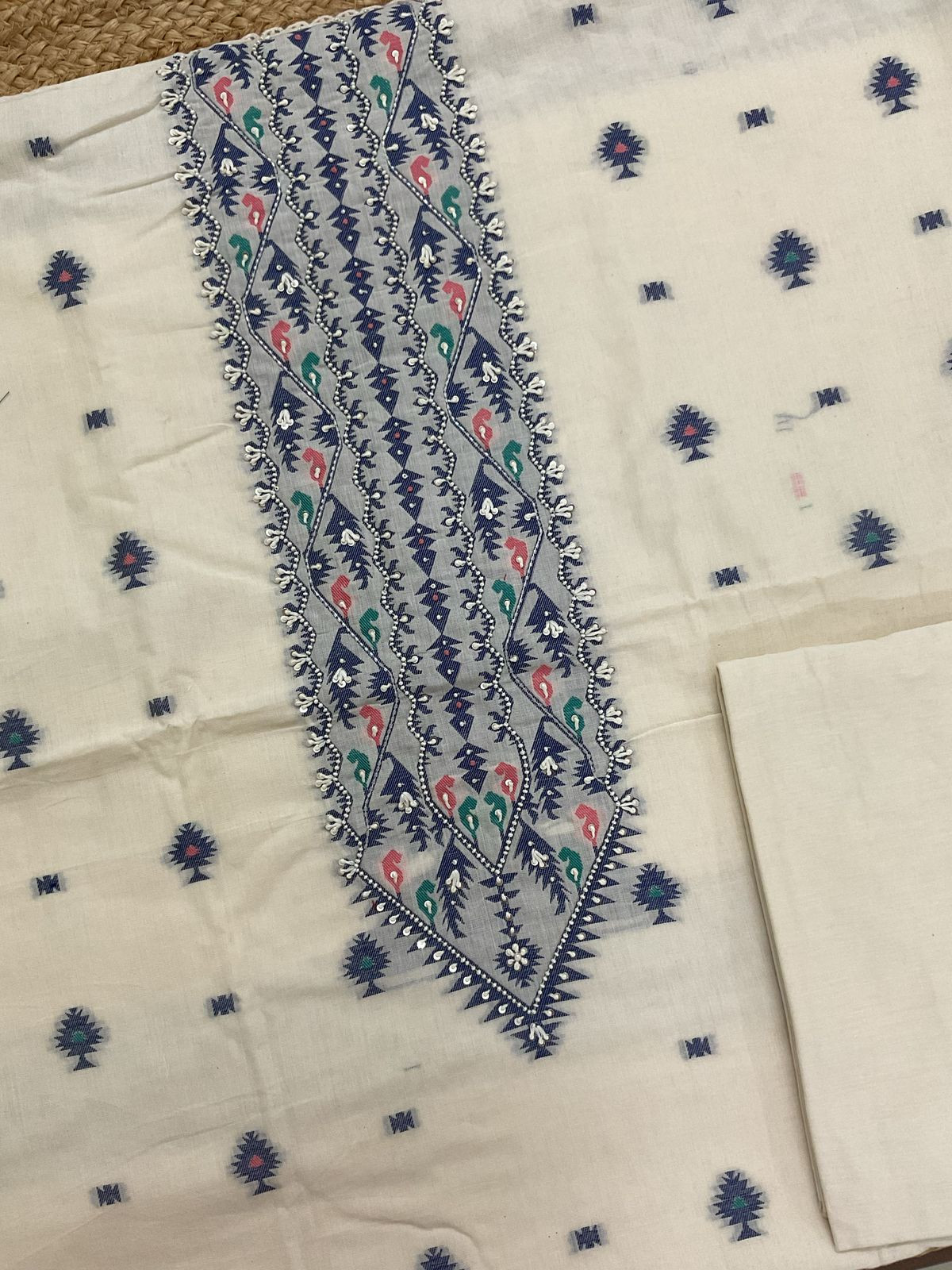 Pure Fine Cotton Jamdani Weaved Embroidered Suit - Cream