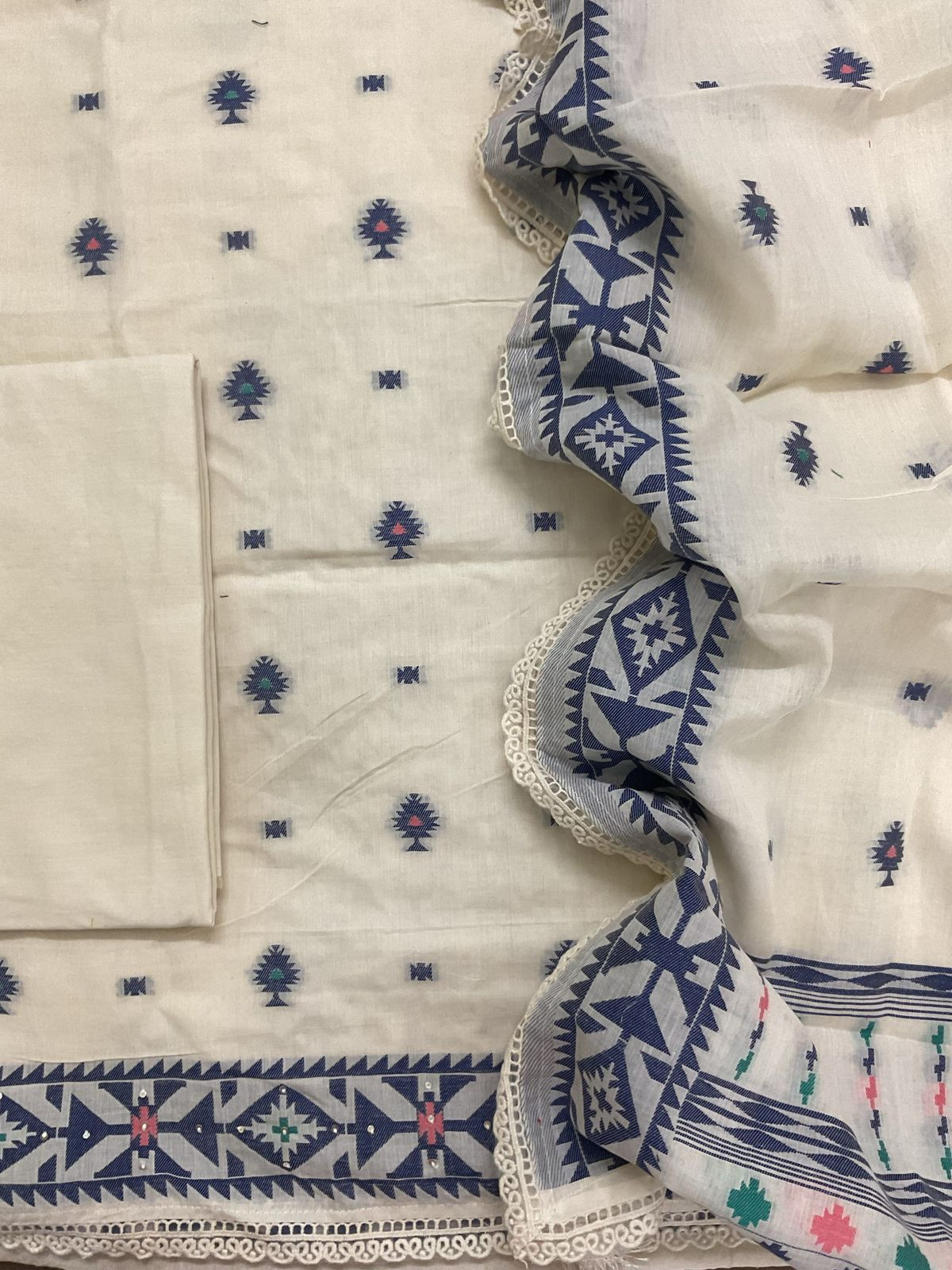 Pure Fine Cotton Jamdani Weaved Embroidered Suit - Cream