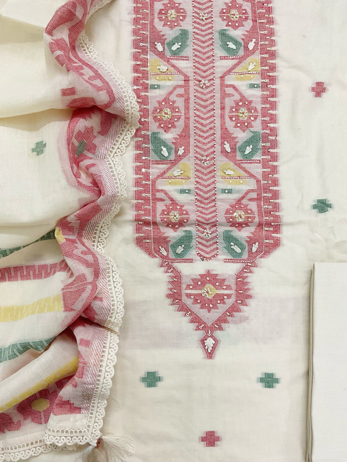 Pure Fine Cotton Jamdani Weaved Embroidered Suit - Cream