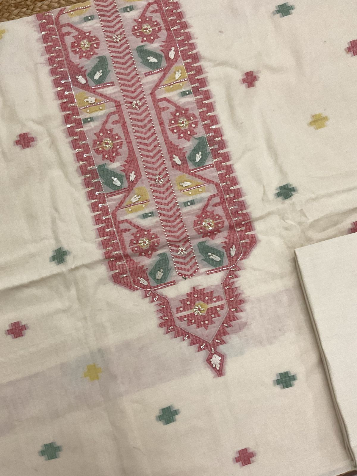 Pure Fine Cotton Jamdani Weaved Embroidered Suit - Cream