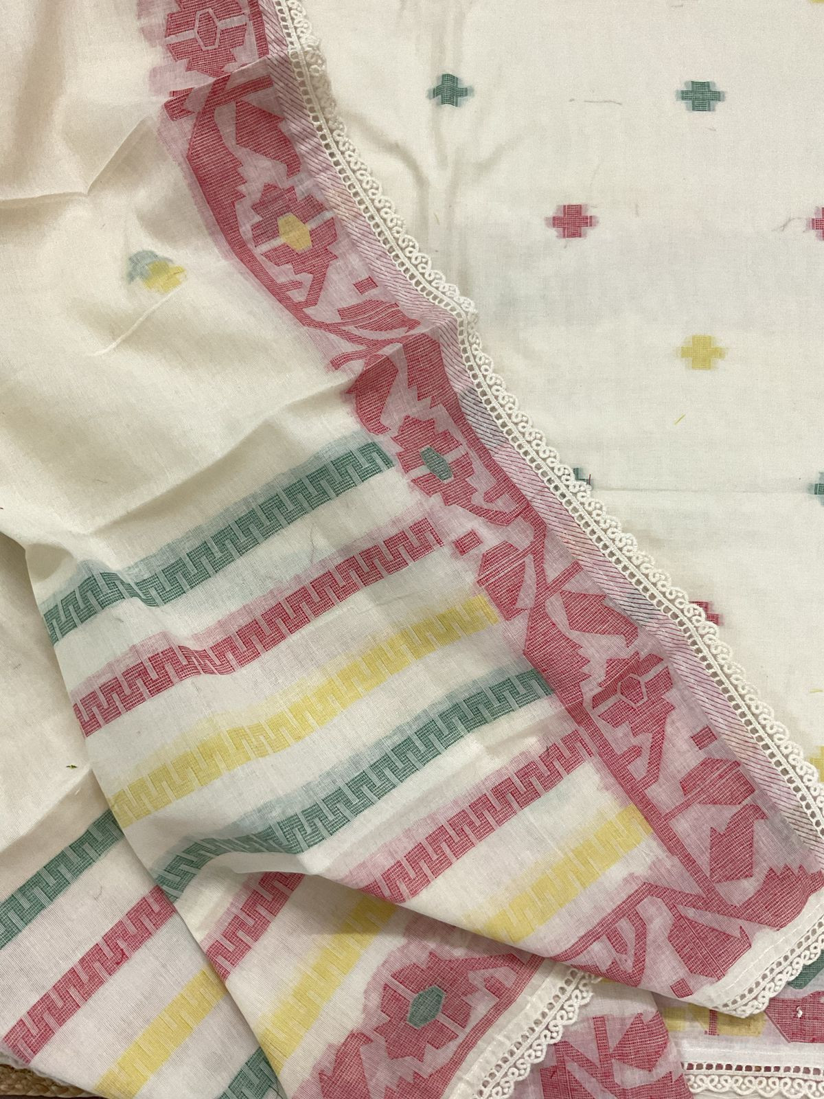 Pure Fine Cotton Jamdani Weaved Embroidered Suit - Cream