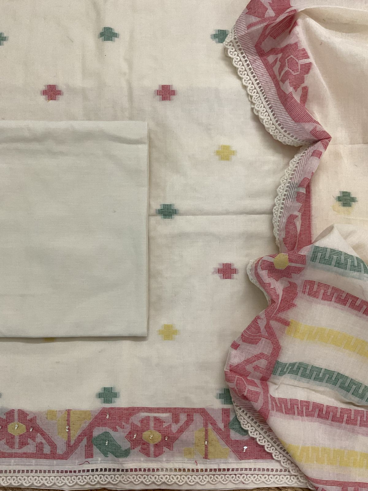 Pure Fine Cotton Jamdani Weaved Embroidered Suit - Cream