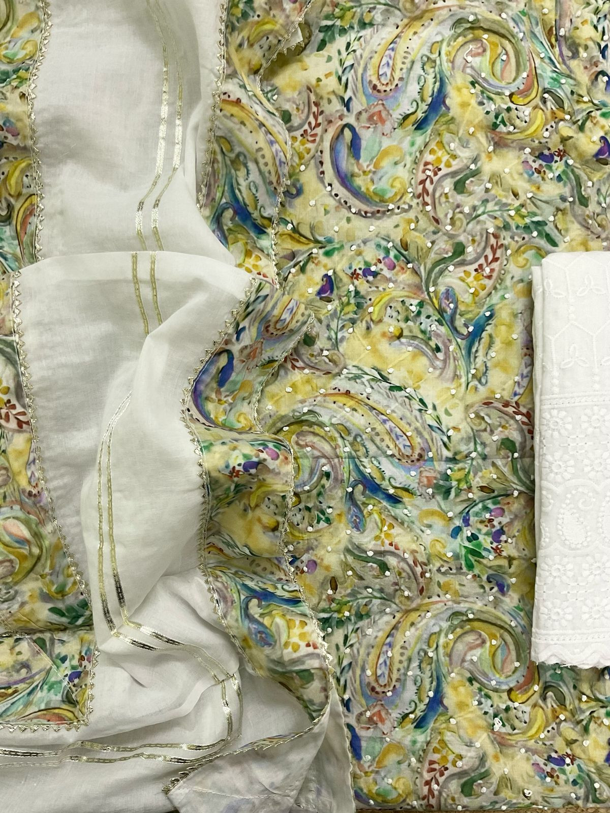 Pure Fine Cotton Printed Embroidered Suit - Yellow