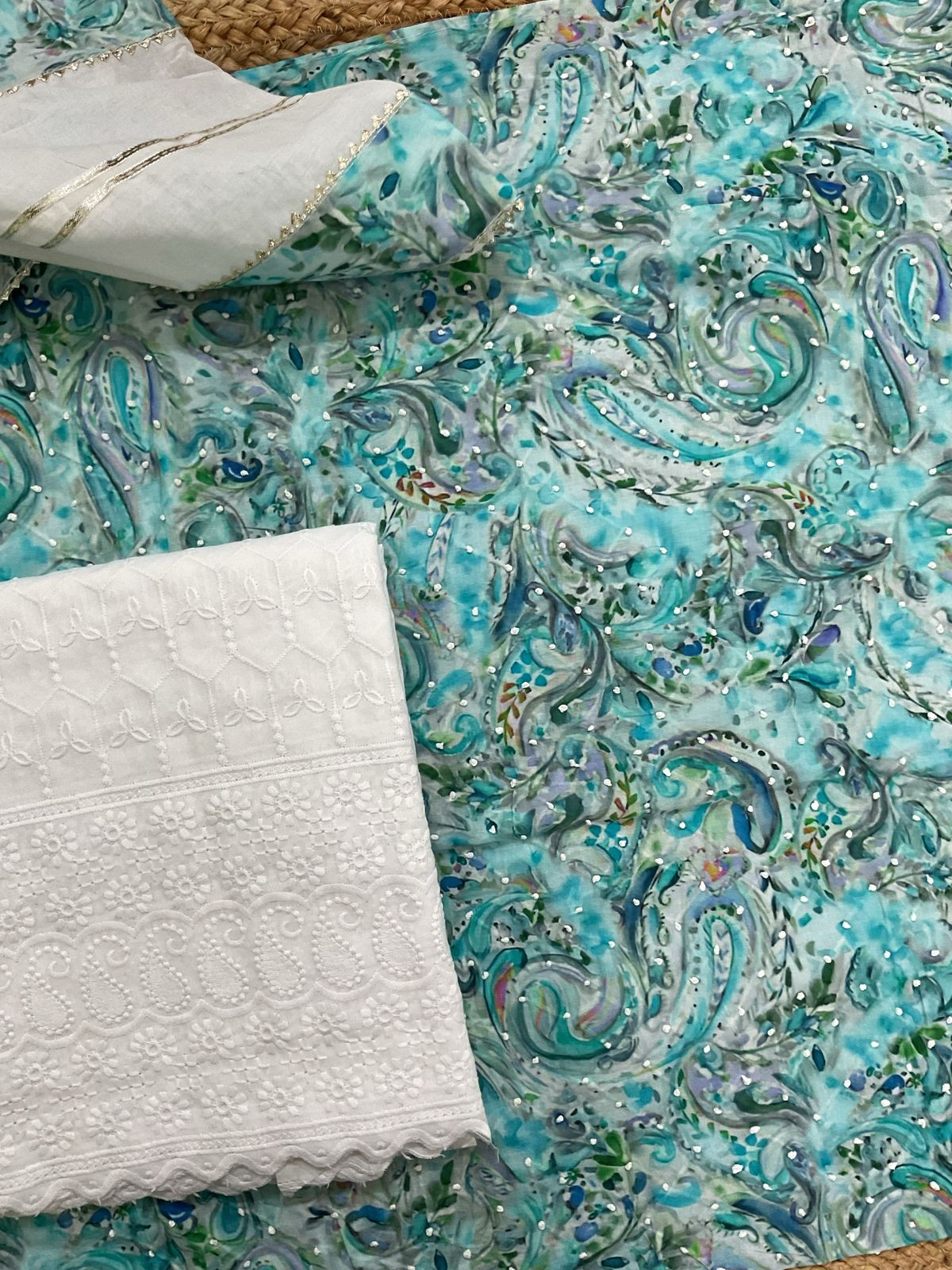 Pure Fine Cotton Printed Embroidered Suit - Blue