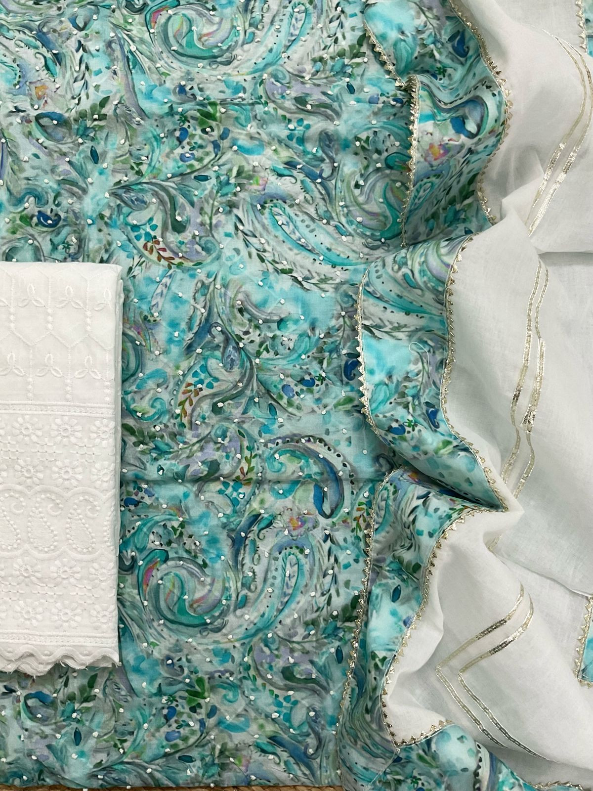 Pure Fine Cotton Printed Embroidered Suit - Blue