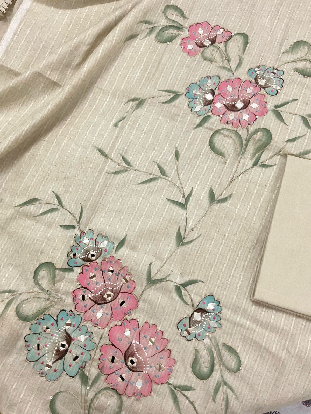 Pure Cotton Silk Self Weaved Brush Painted Embroidered Suit - Cream