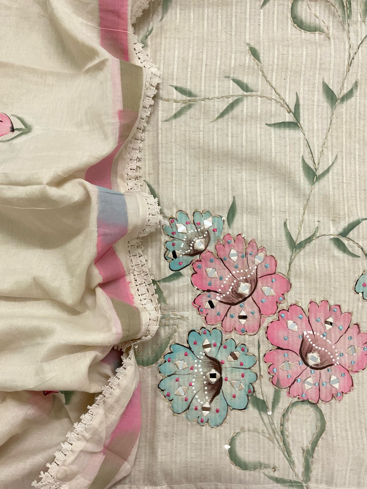 Pure Cotton Silk Self Weaved Brush Painted Embroidered Suit - Cream