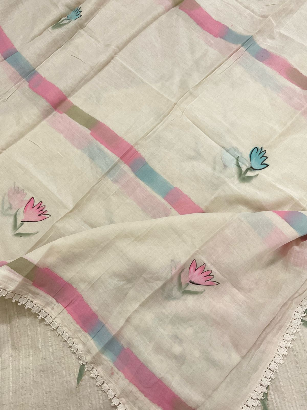 Pure Cotton Silk Self Weaved Brush Painted Embroidered Suit - Cream