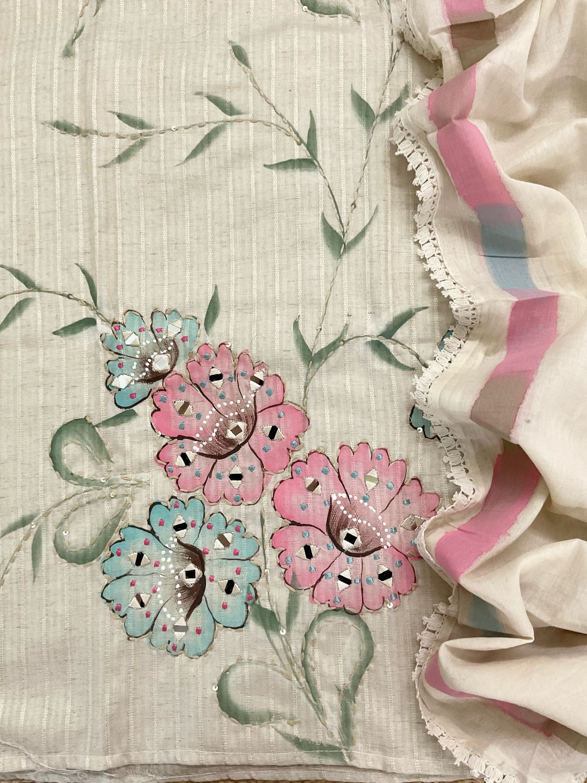 Pure Cotton Silk Self Weaved Brush Painted Embroidered Suit - Cream