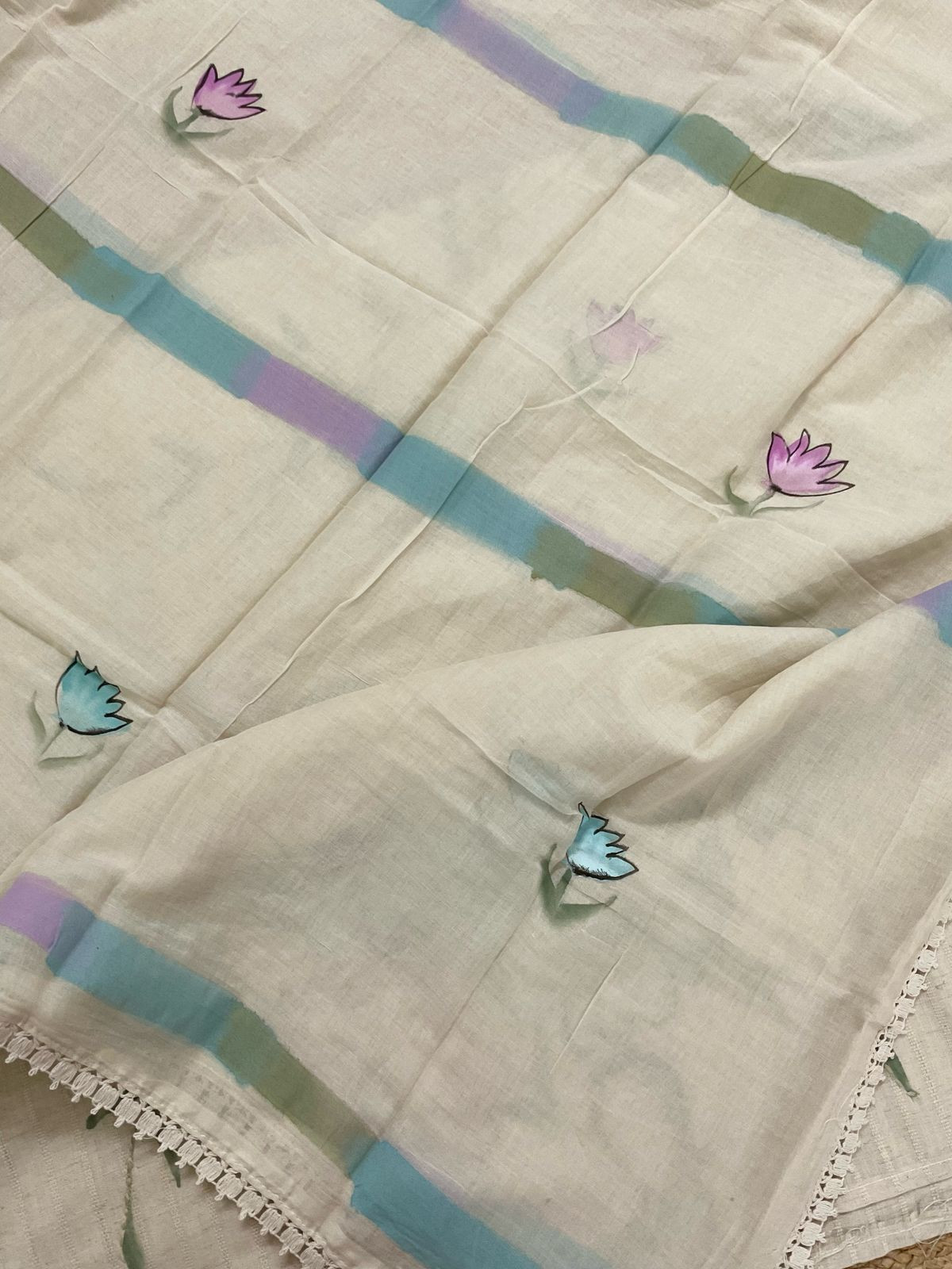 Pure Cotton Silk Self Weaved Brush Painted Embroidered Suit - Cream