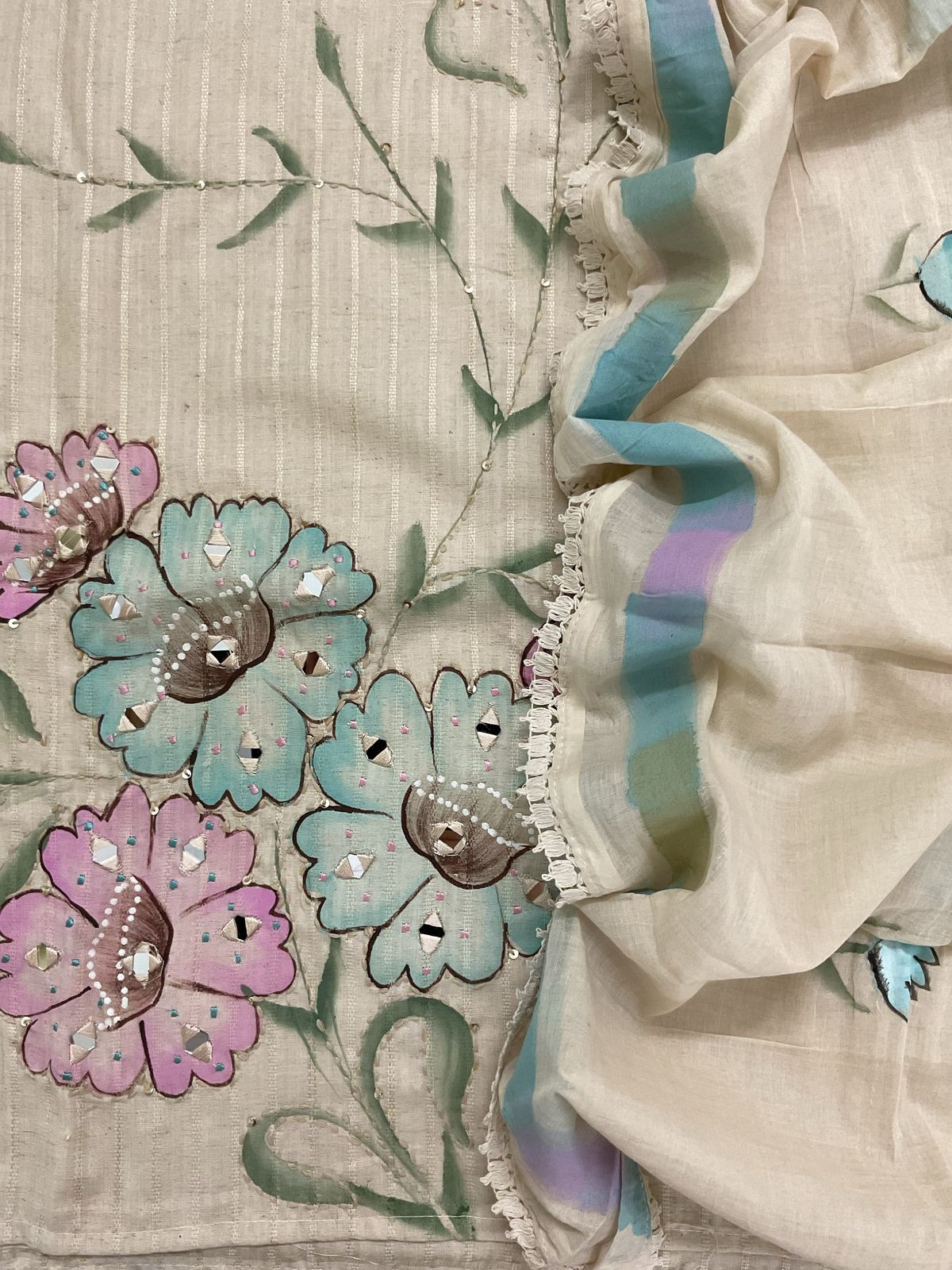 Pure Cotton Silk Self Weaved Brush Painted Embroidered Suit - Cream