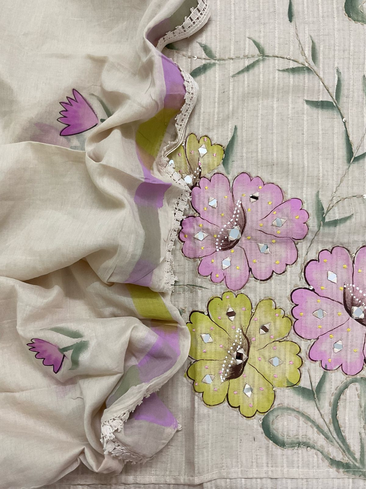 Pure Cotton Silk Self Weaved Brush Painted Embroidered Suit - Cream