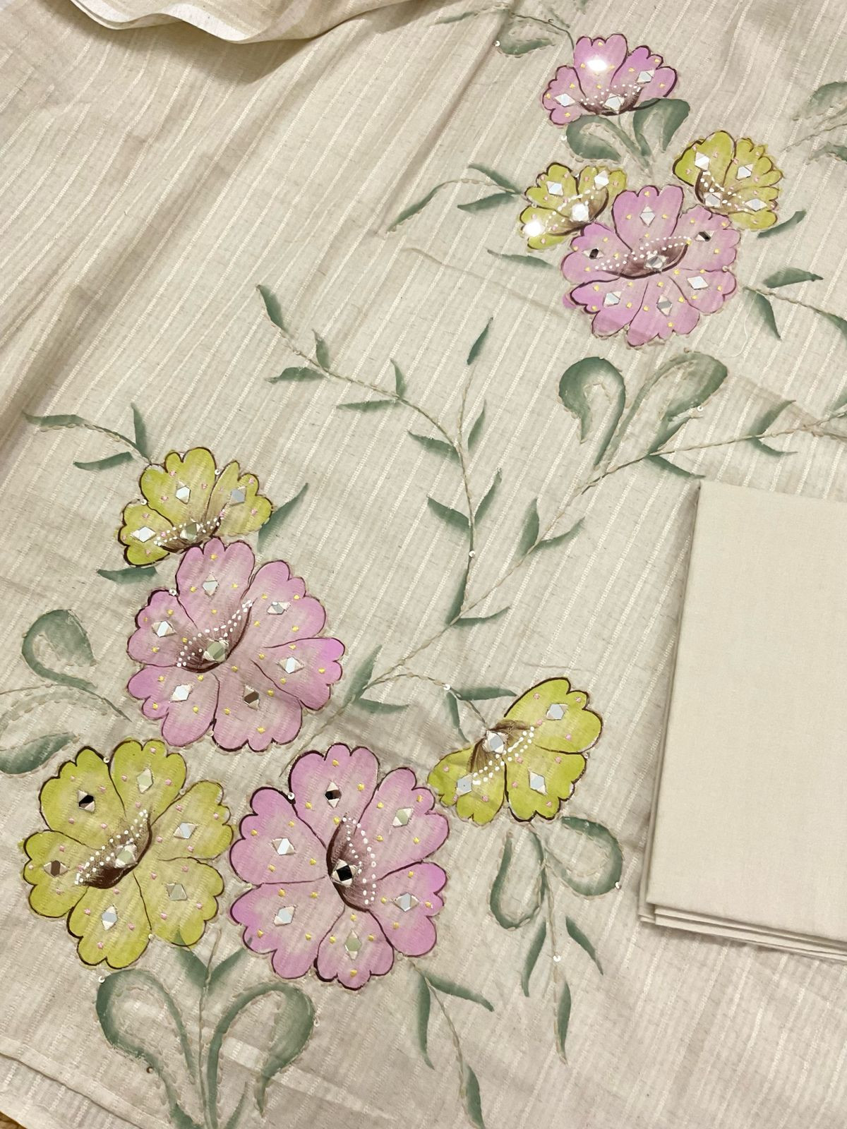 Pure Cotton Silk Self Weaved Brush Painted Embroidered Suit - Cream