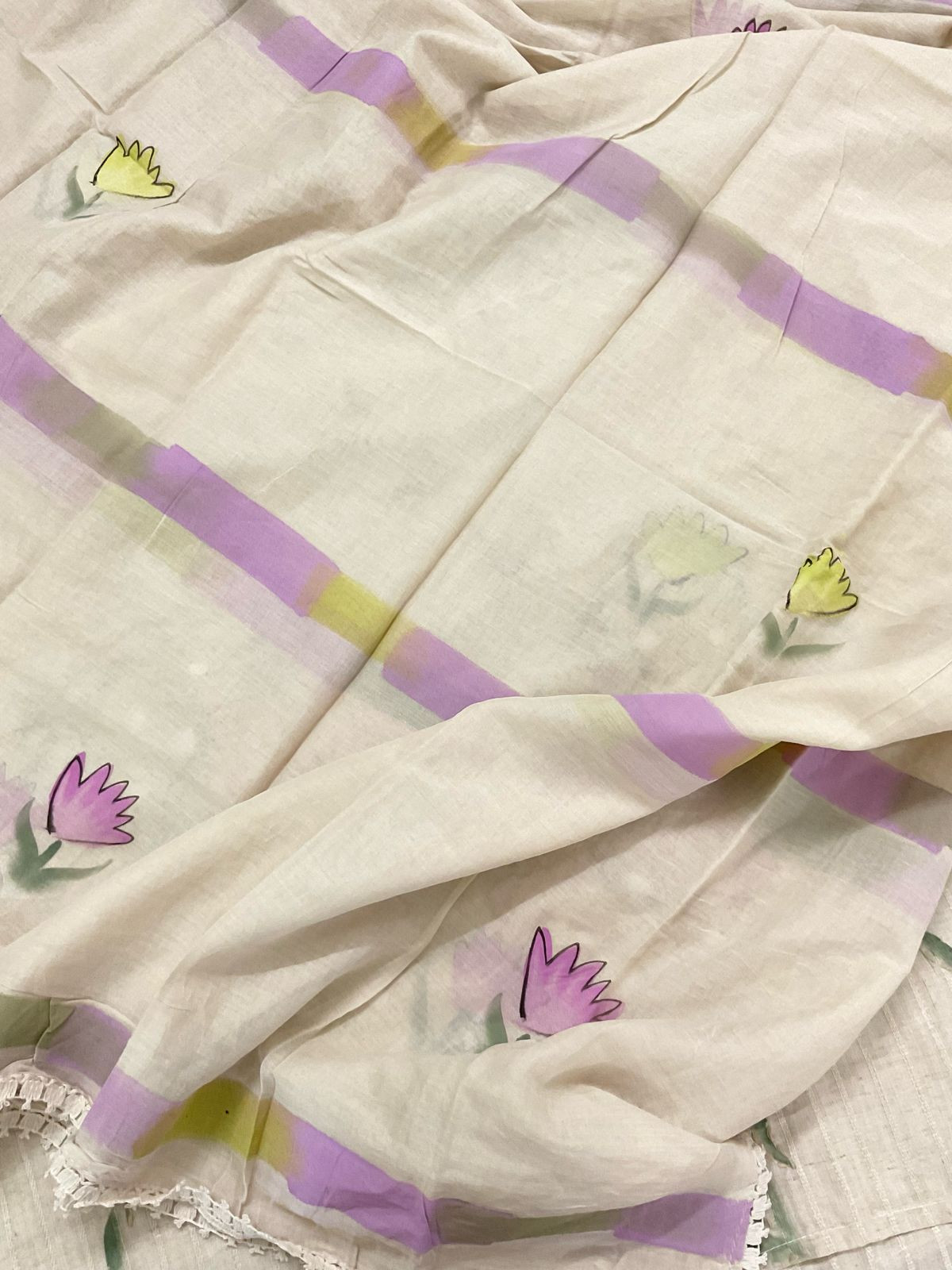 Pure Cotton Silk Self Weaved Brush Painted Embroidered Suit - Cream