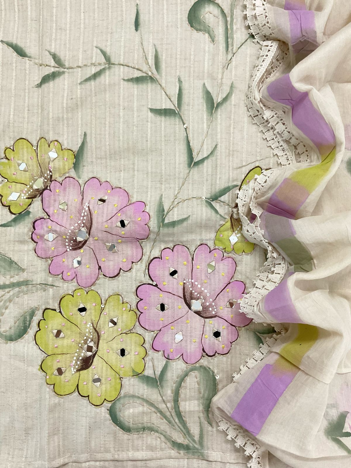 Pure Cotton Silk Self Weaved Brush Painted Embroidered Suit - Cream