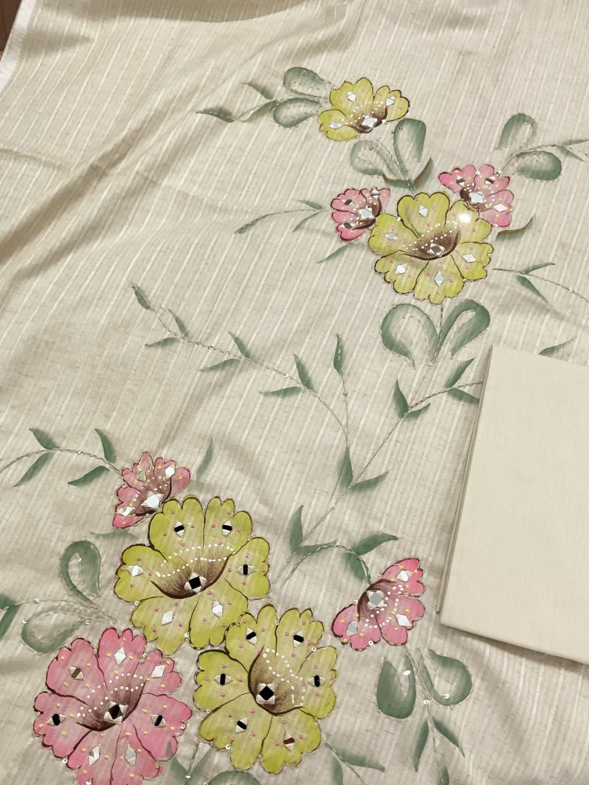 Pure Cotton Silk Self Weaved Brush Painted Embroidered Suit - Cream