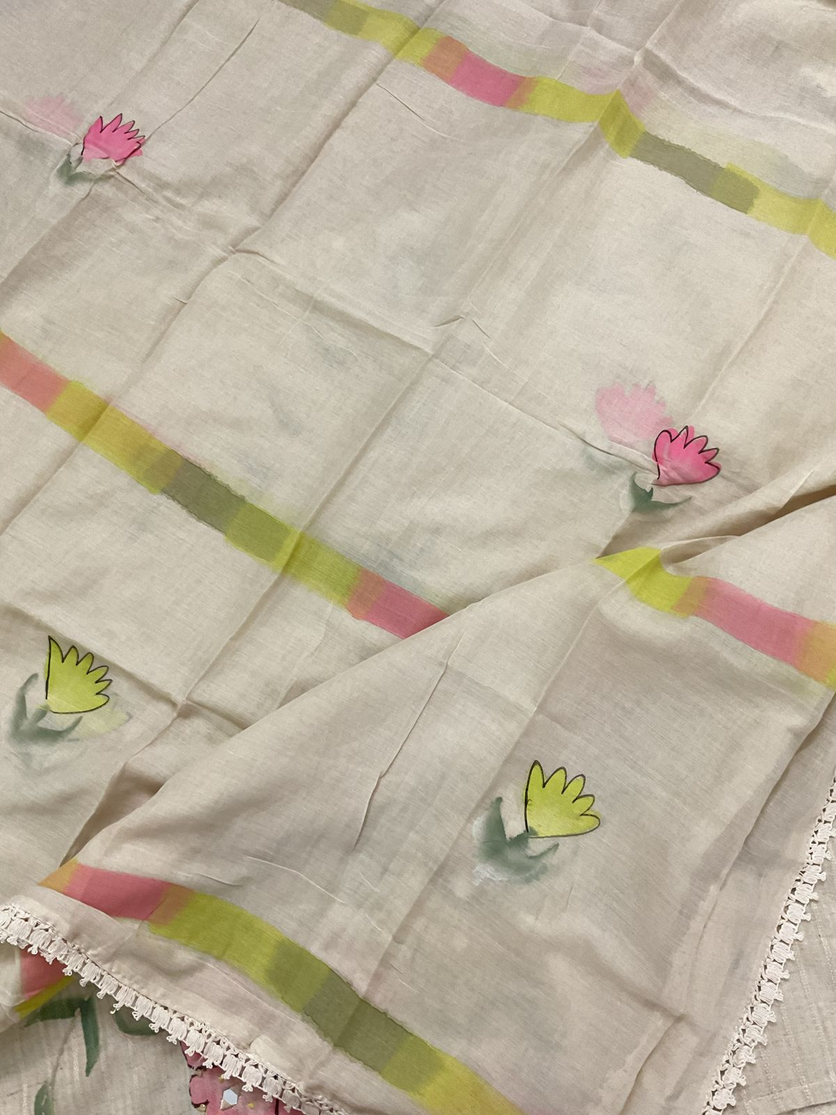 Pure Cotton Silk Self Weaved Brush Painted Embroidered Suit - Cream