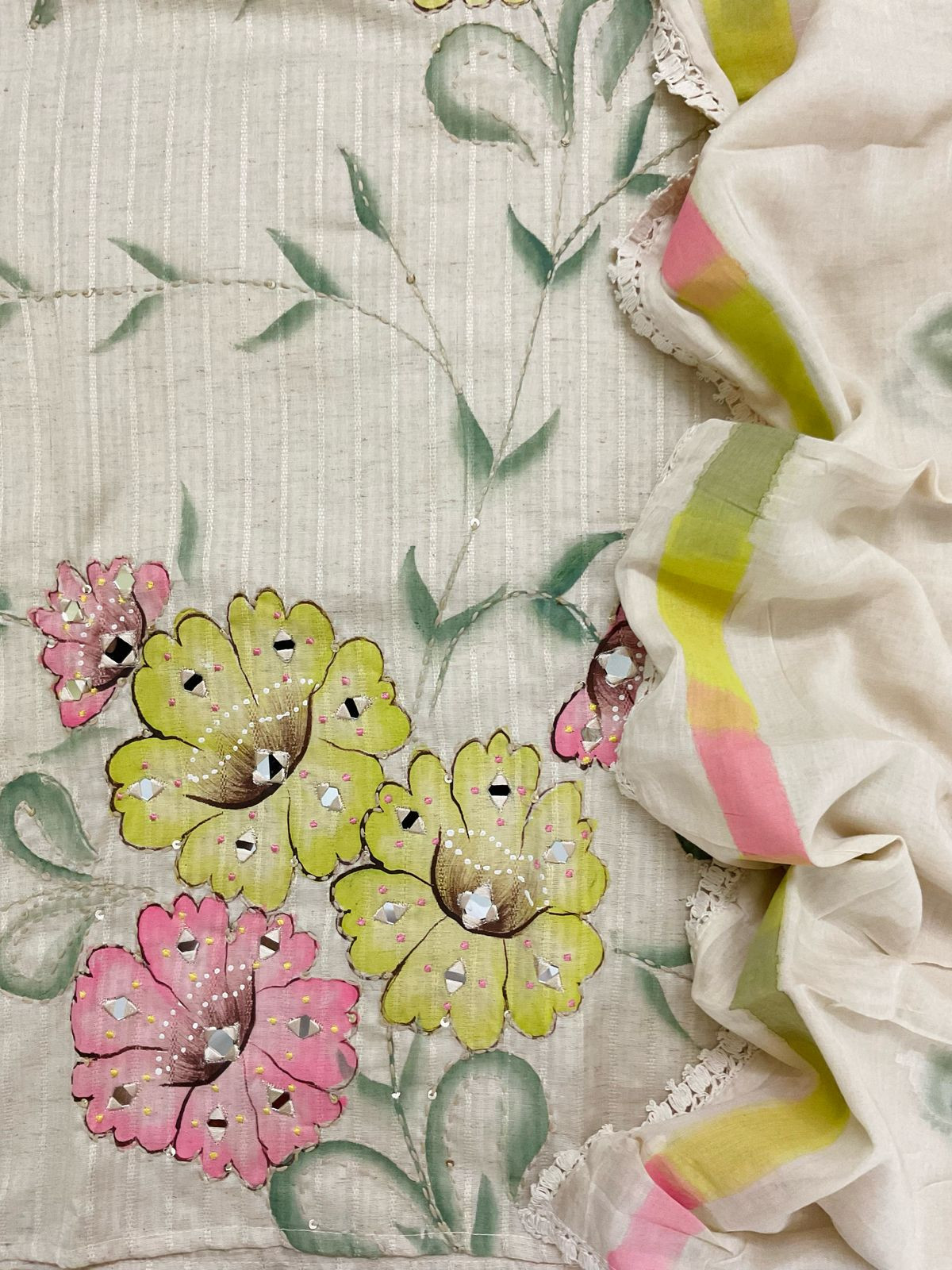 Pure Cotton Silk Self Weaved Brush Painted Embroidered Suit - Cream