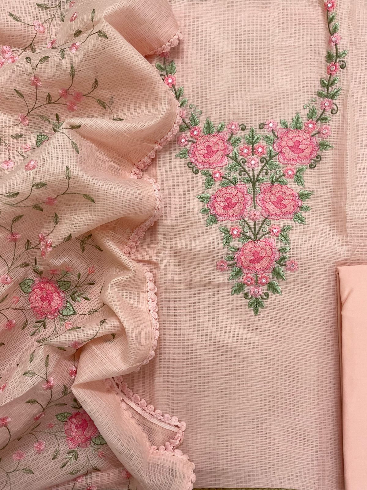 Soft Kota Silk Embroidered Suit - Peach