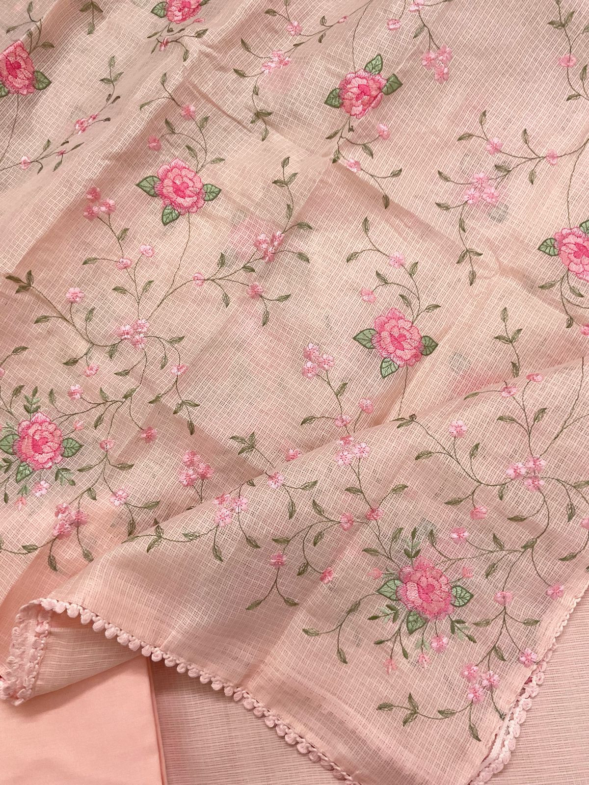Soft Kota Silk Embroidered Suit - Peach