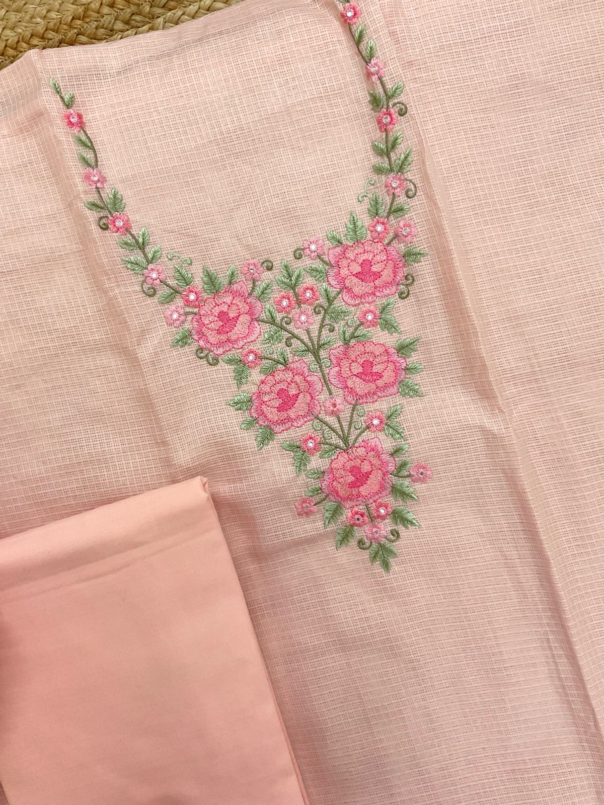 Soft Kota Silk Embroidered Suit - Peach