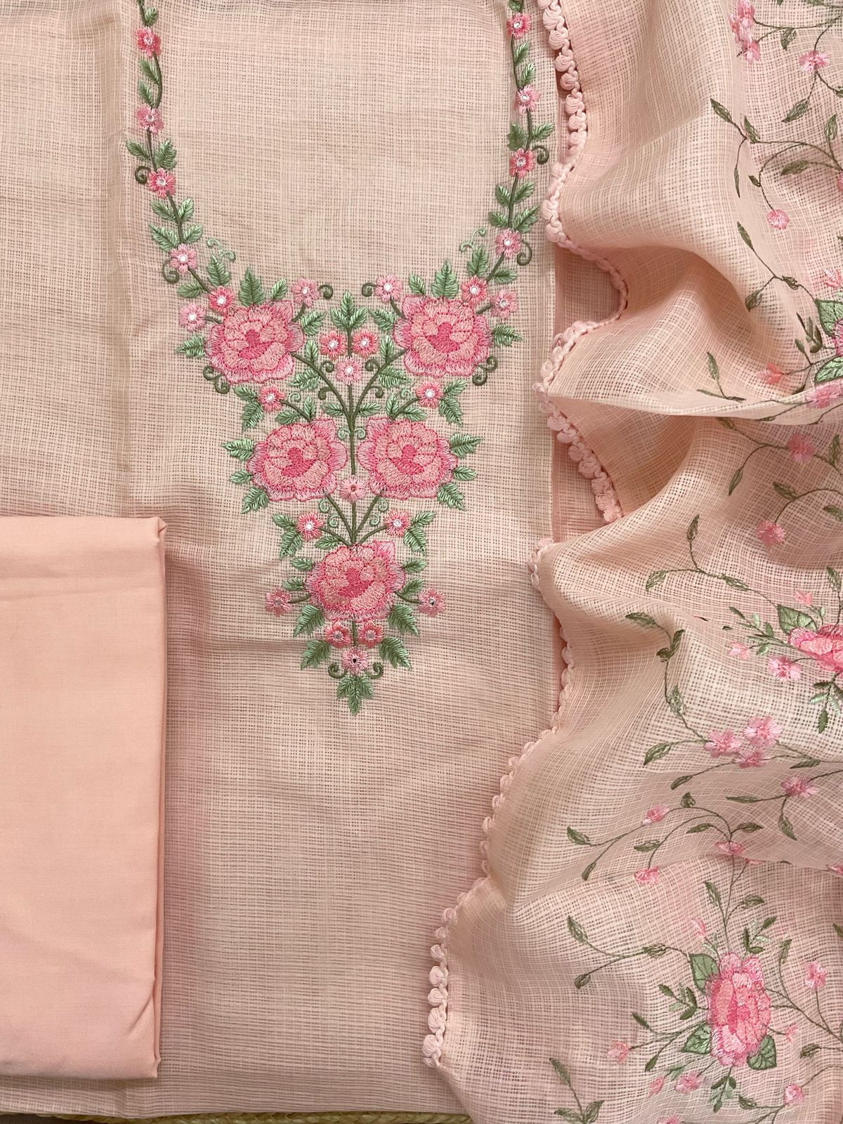 Soft Kota Silk Embroidered Suit - Peach