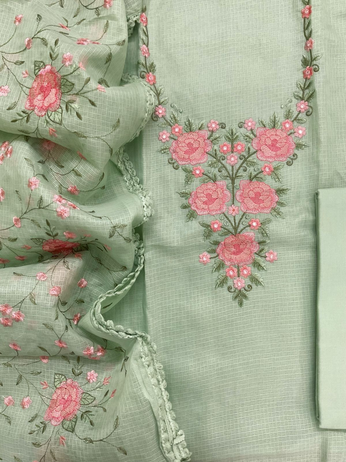 Soft Kota Silk Embroidered Suit - Green