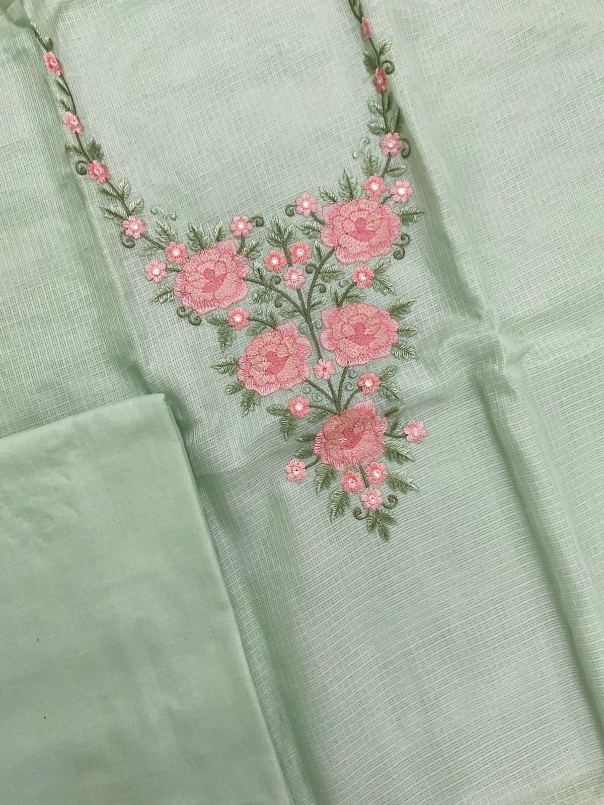 Soft Kota Silk Embroidered Suit - Green