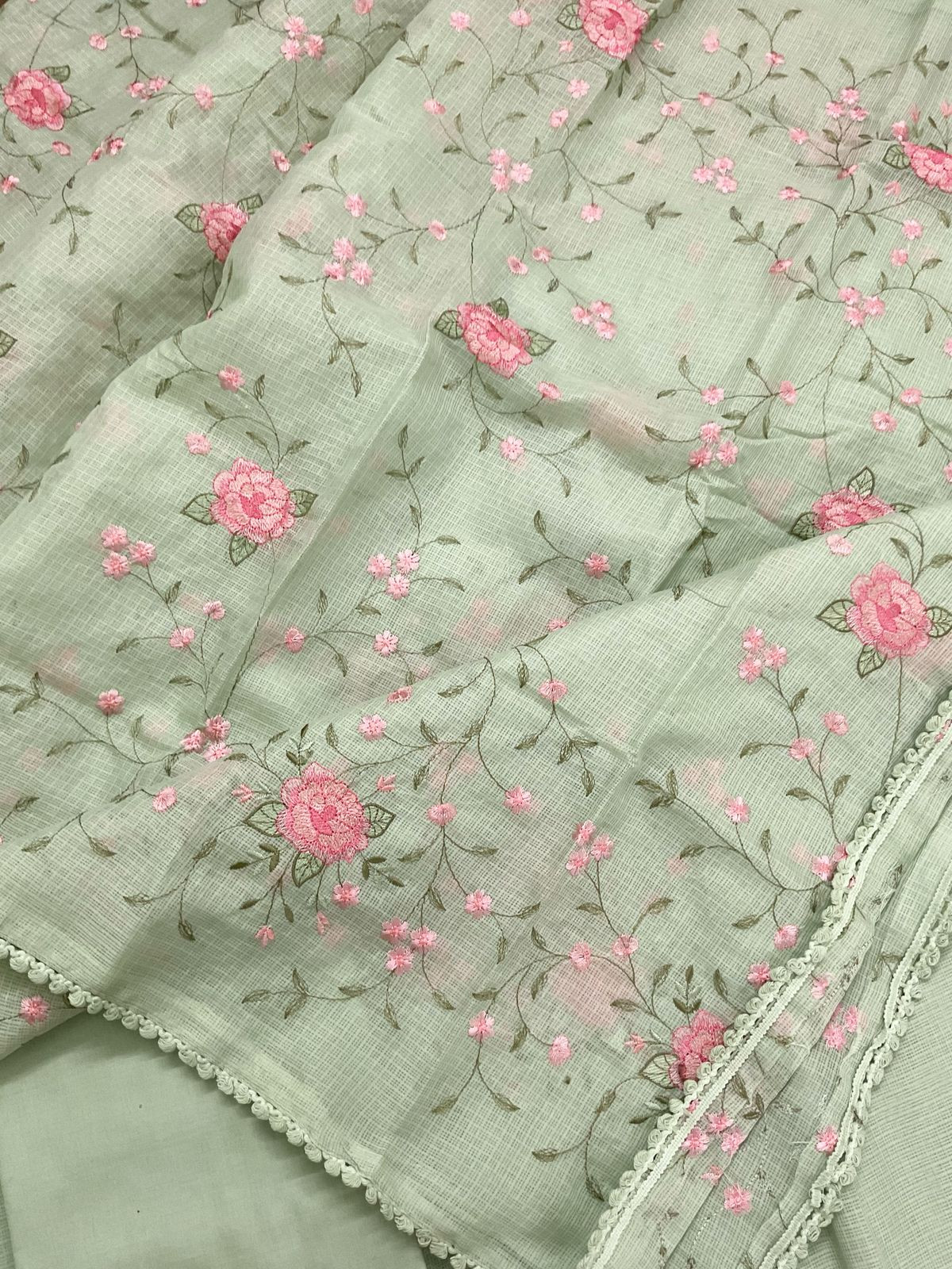 Soft Kota Silk Embroidered Suit - Green