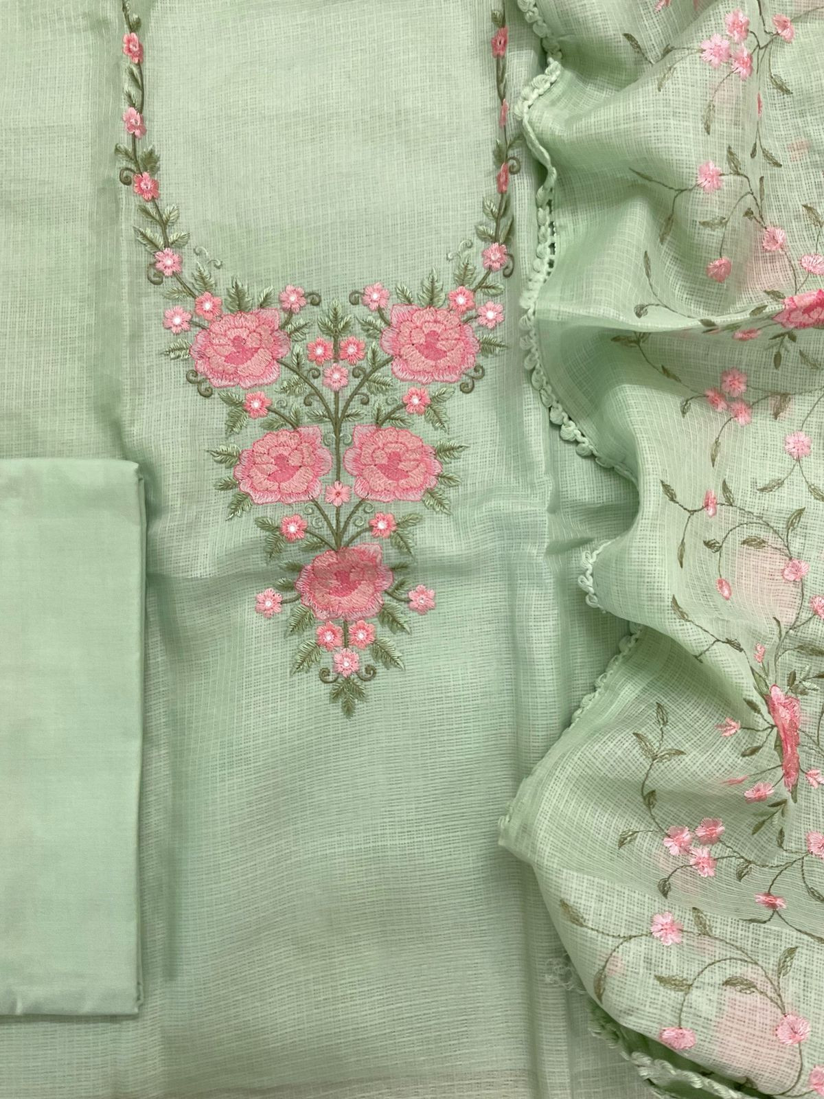 Soft Kota Silk Embroidered Suit - Green