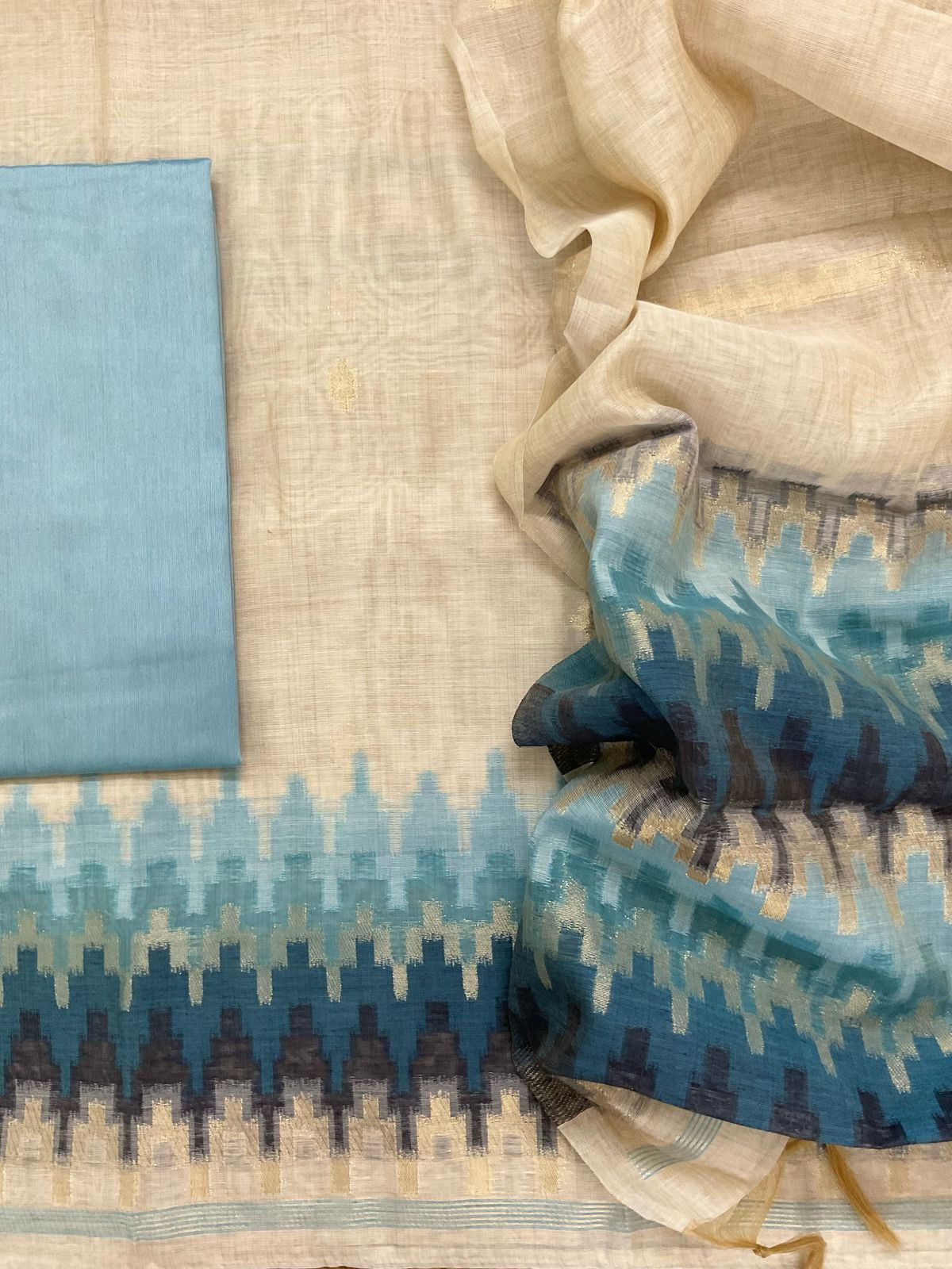 Soft Slub Chanderi Jamdani Weaved Suit - Beige