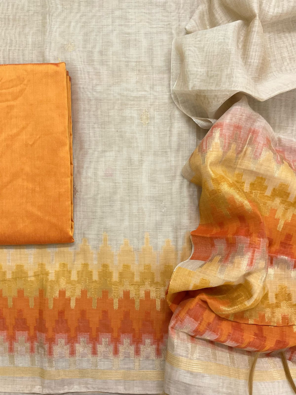 Soft Slub Chanderi Jamdani Weaved Suit - Beige