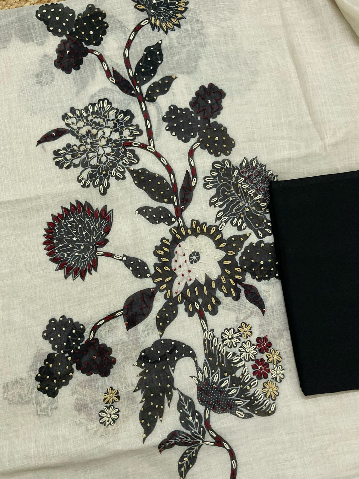 Soft Linen Jute Cotton Printed Embroidered Suit - Cream