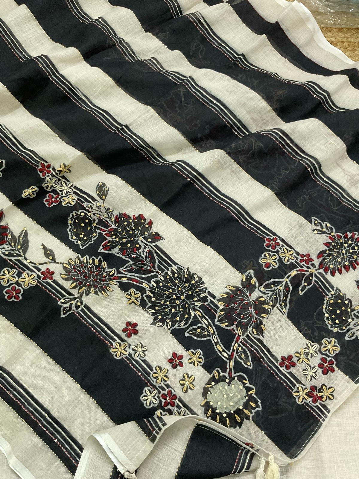 Soft Linen Jute Cotton Printed Embroidered Suit - Cream