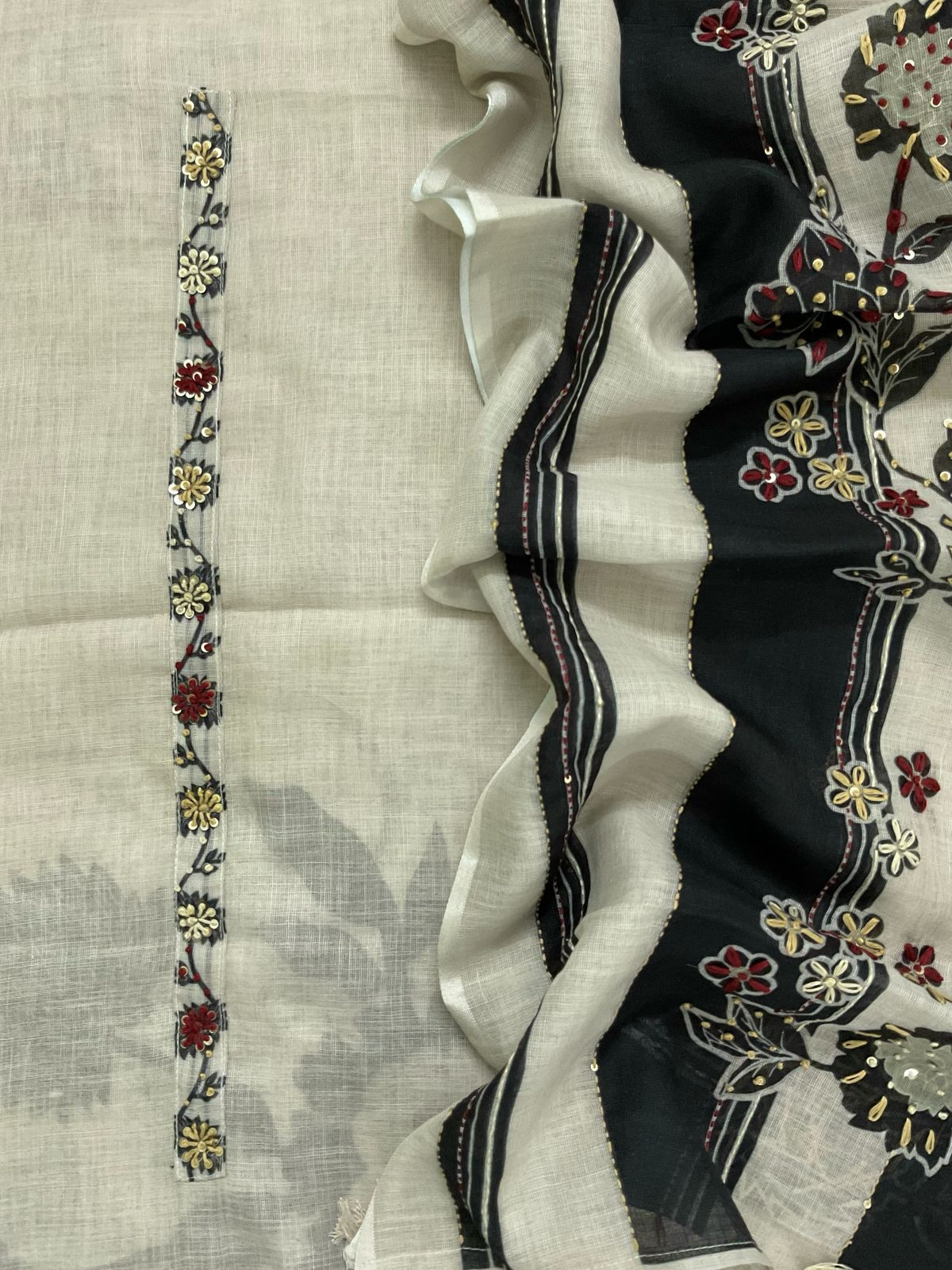 Soft Linen Jute Cotton Printed Embroidered Suit - Cream