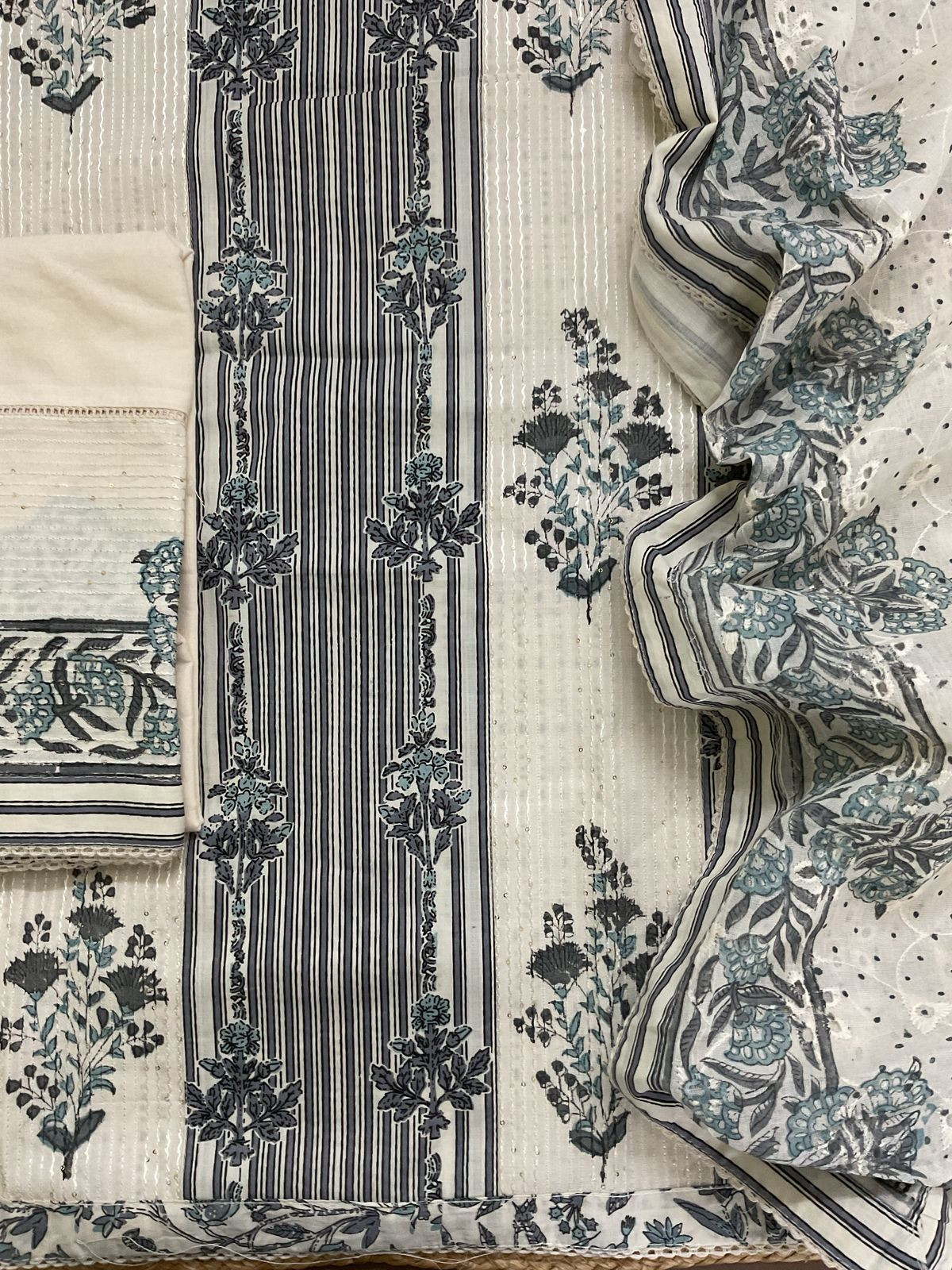 Pure Cotton Printed Embroidered Suit - Offwhite