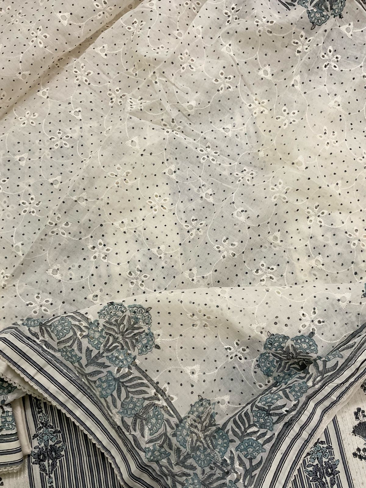 Pure Cotton Printed Embroidered Suit - Offwhite