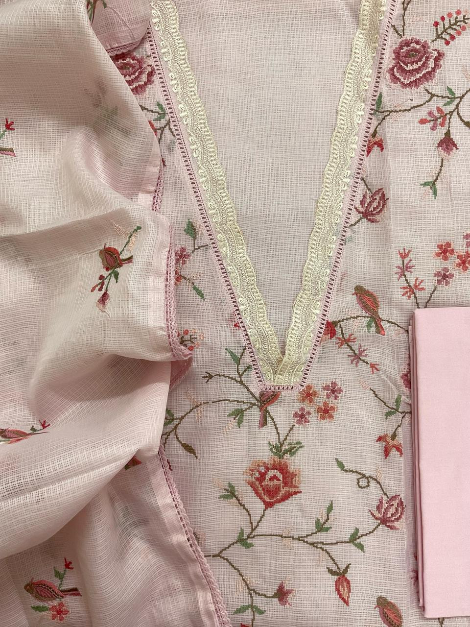 Soft Kota Silk Embroidered Suit - Pink