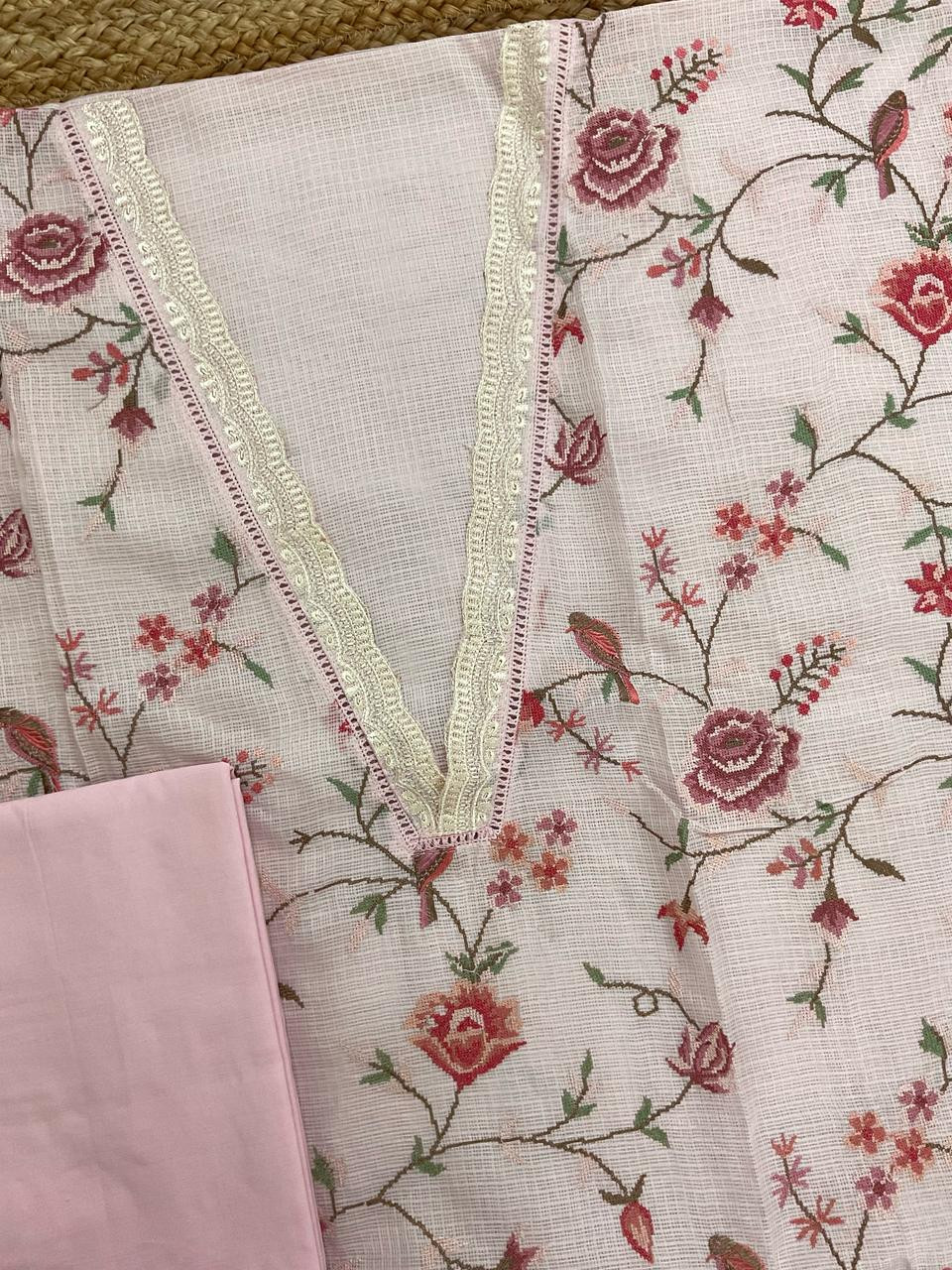 Soft Kota Silk Embroidered Suit - Pink