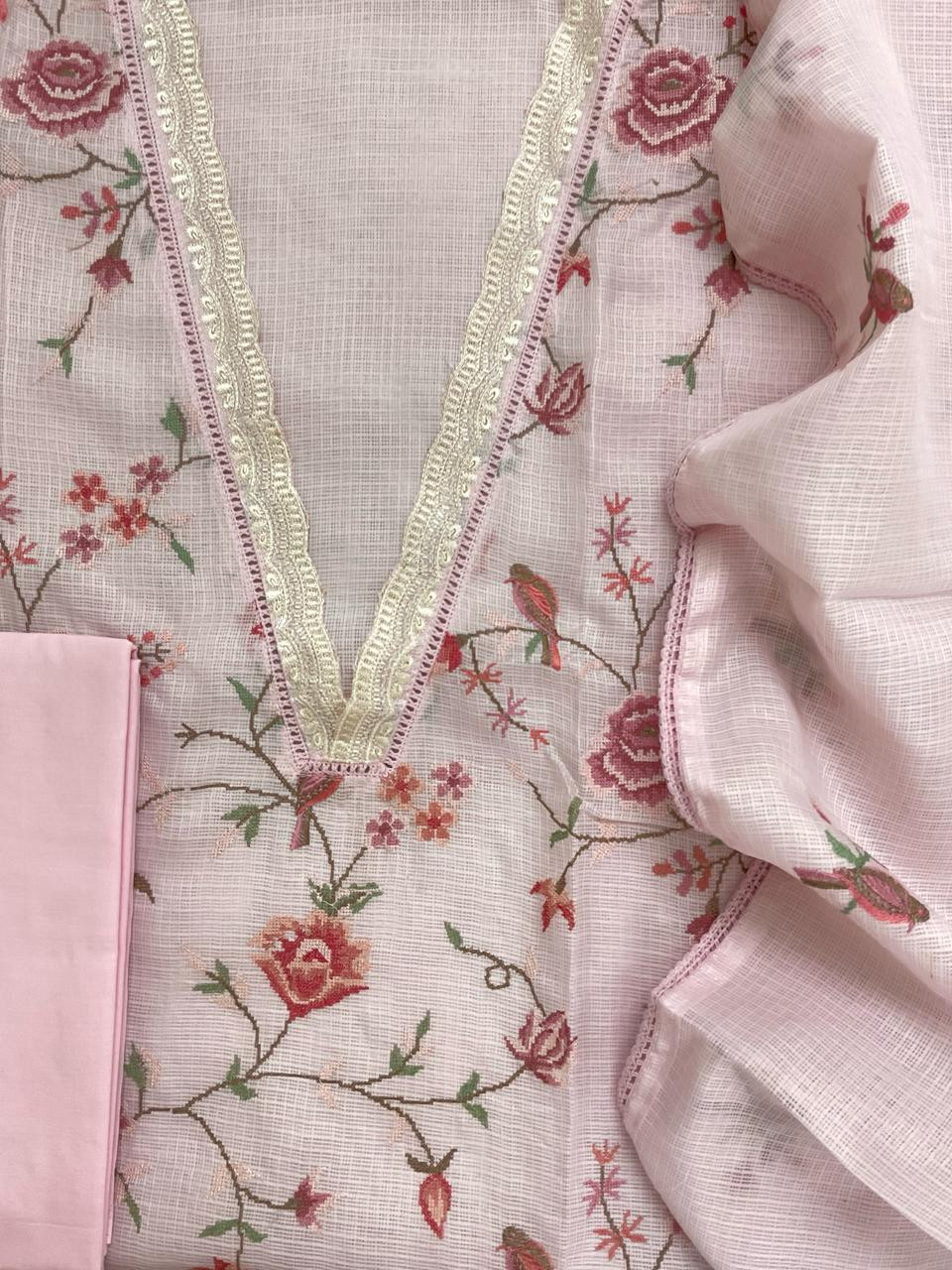 Soft Kota Silk Embroidered Suit - Pink