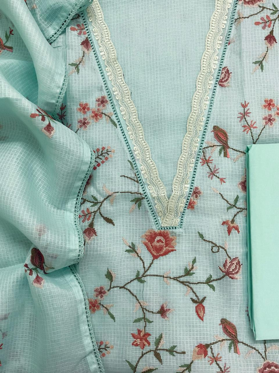 Soft Kota Silk Embroidered Suit - Blue