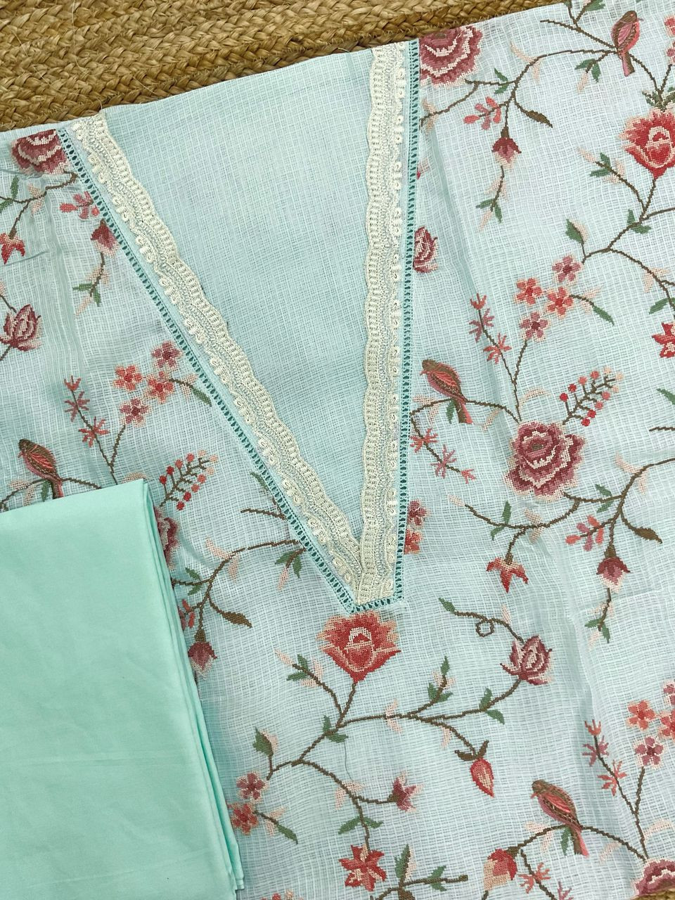 Soft Kota Silk Embroidered Suit - Blue