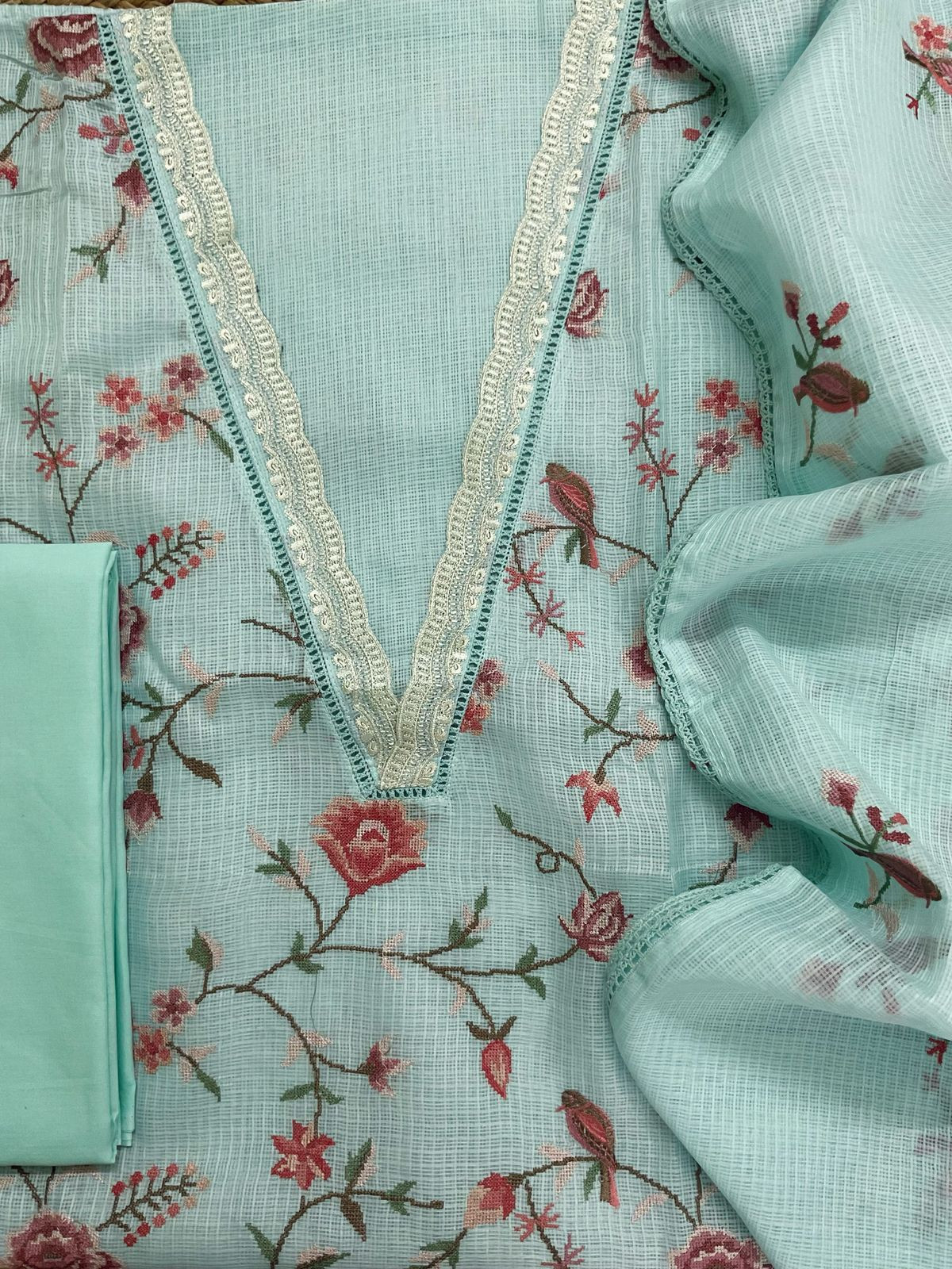 Soft Kota Silk Embroidered Suit - Blue