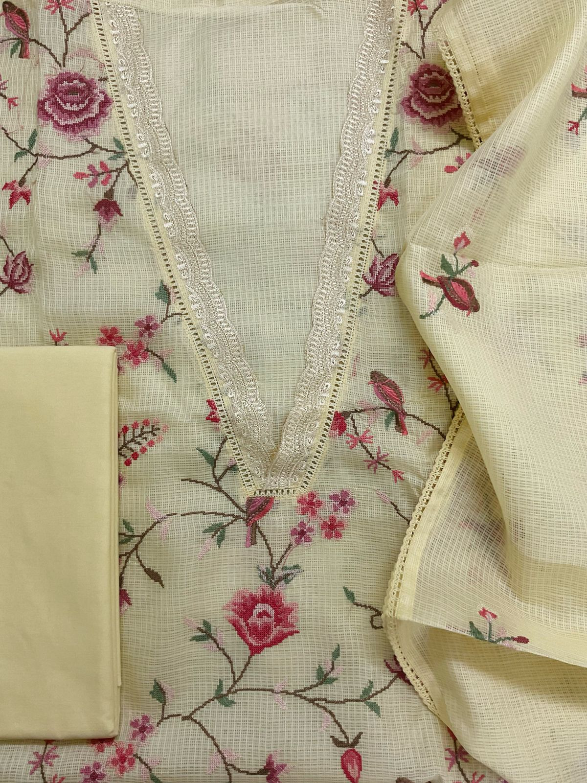 Soft Kota Silk Embroidered Suit - Yellow