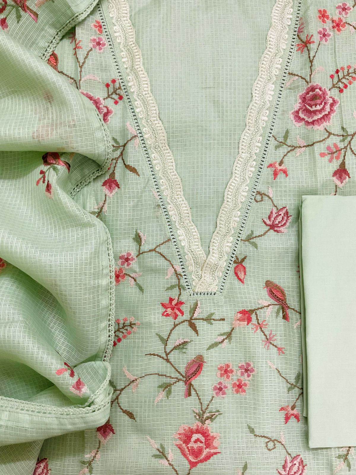 Soft Kota Silk Embroidered Suit - Green