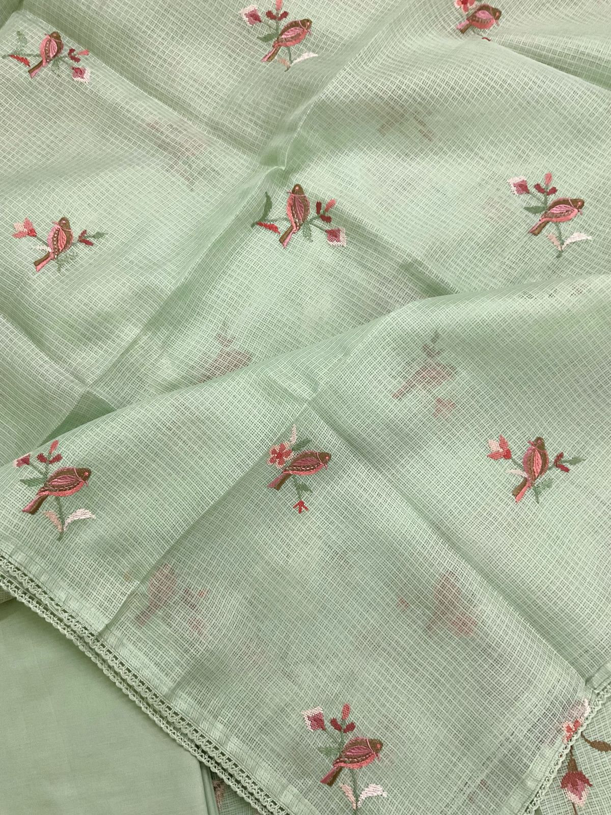 Soft Kota Silk Embroidered Suit - Green