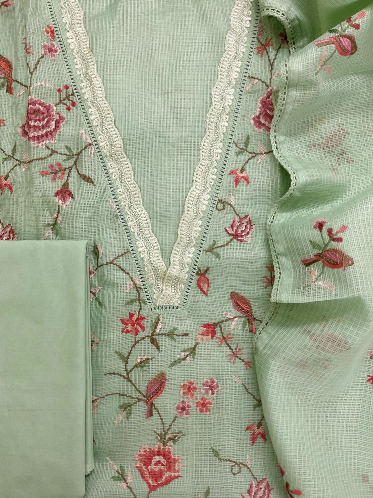 Soft Kota Silk Embroidered Suit - Green