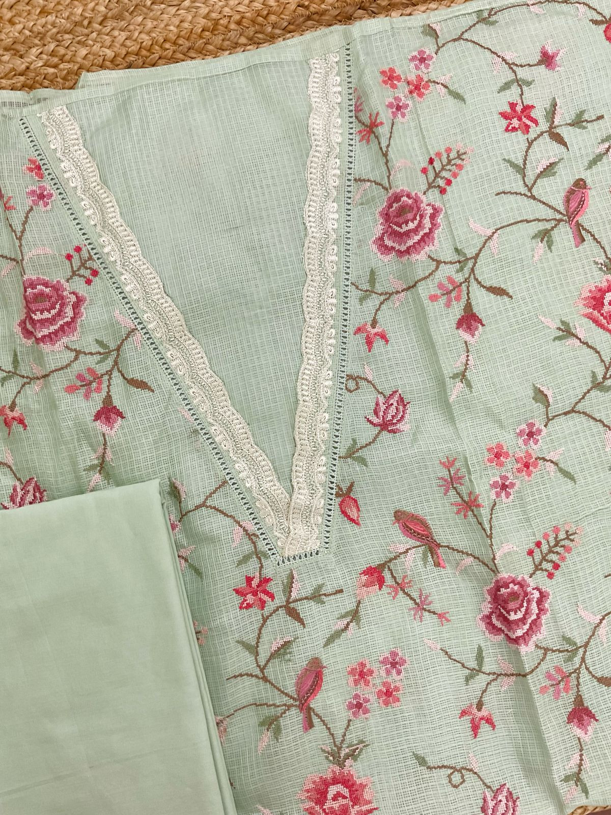 Soft Kota Silk Embroidered Suit - Green