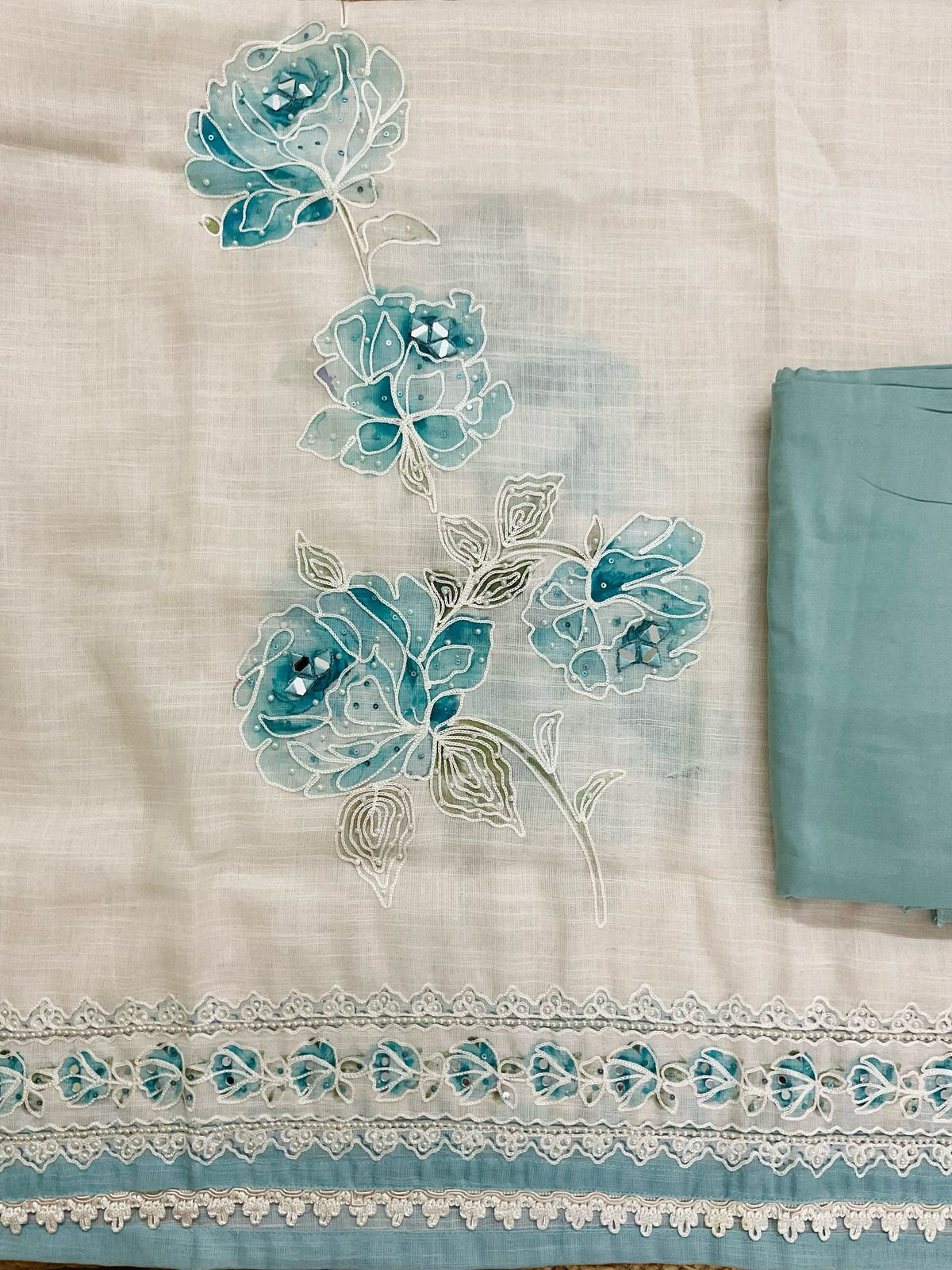 Soft Linen Jute Cotton Printed Embroidered Suit - Offwhite